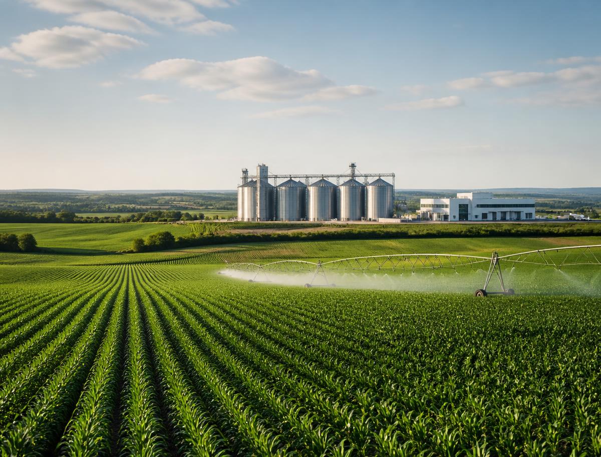Sustainable farmland with irrigation and grain storage facilities