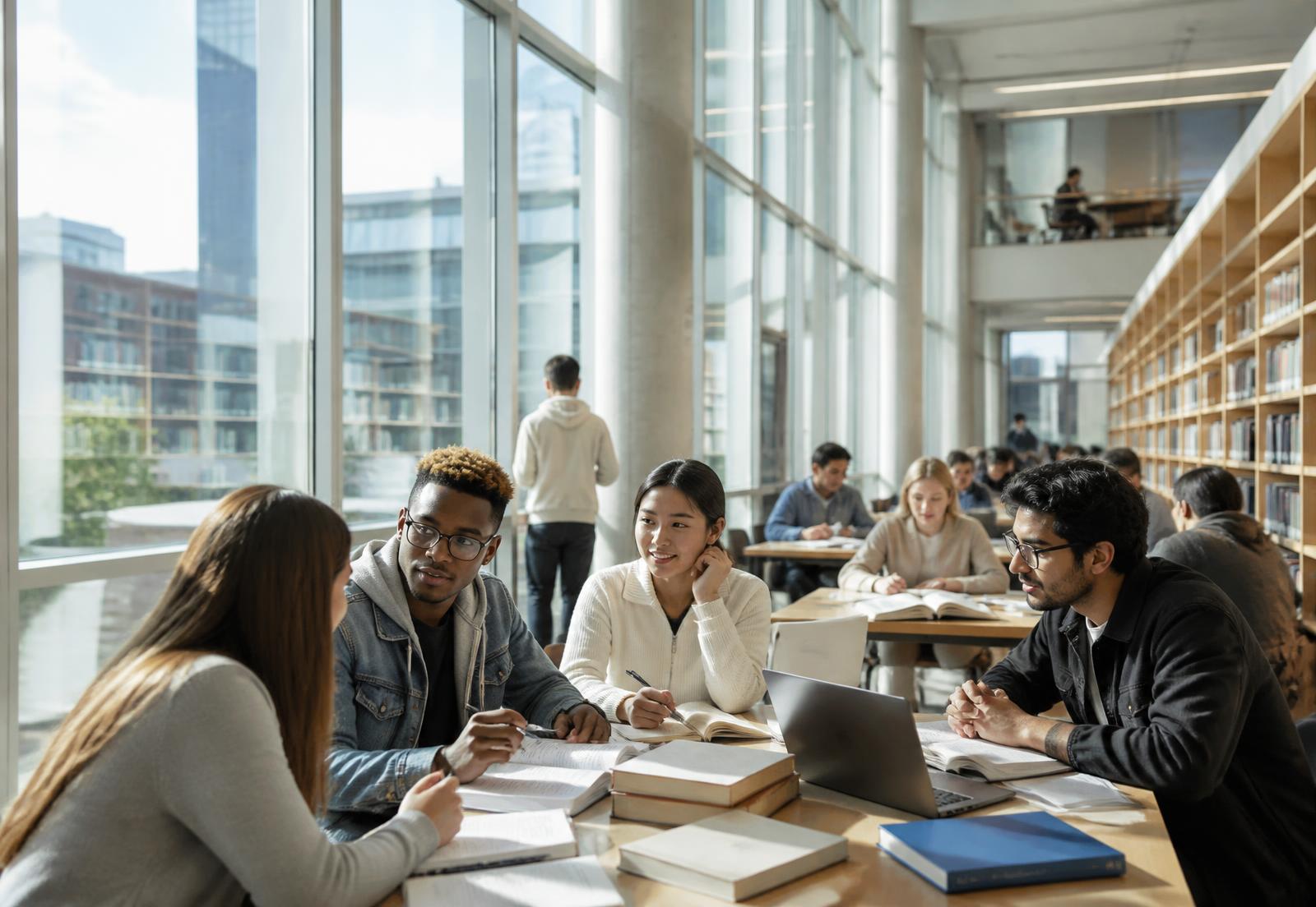International university students studying together in a modern library