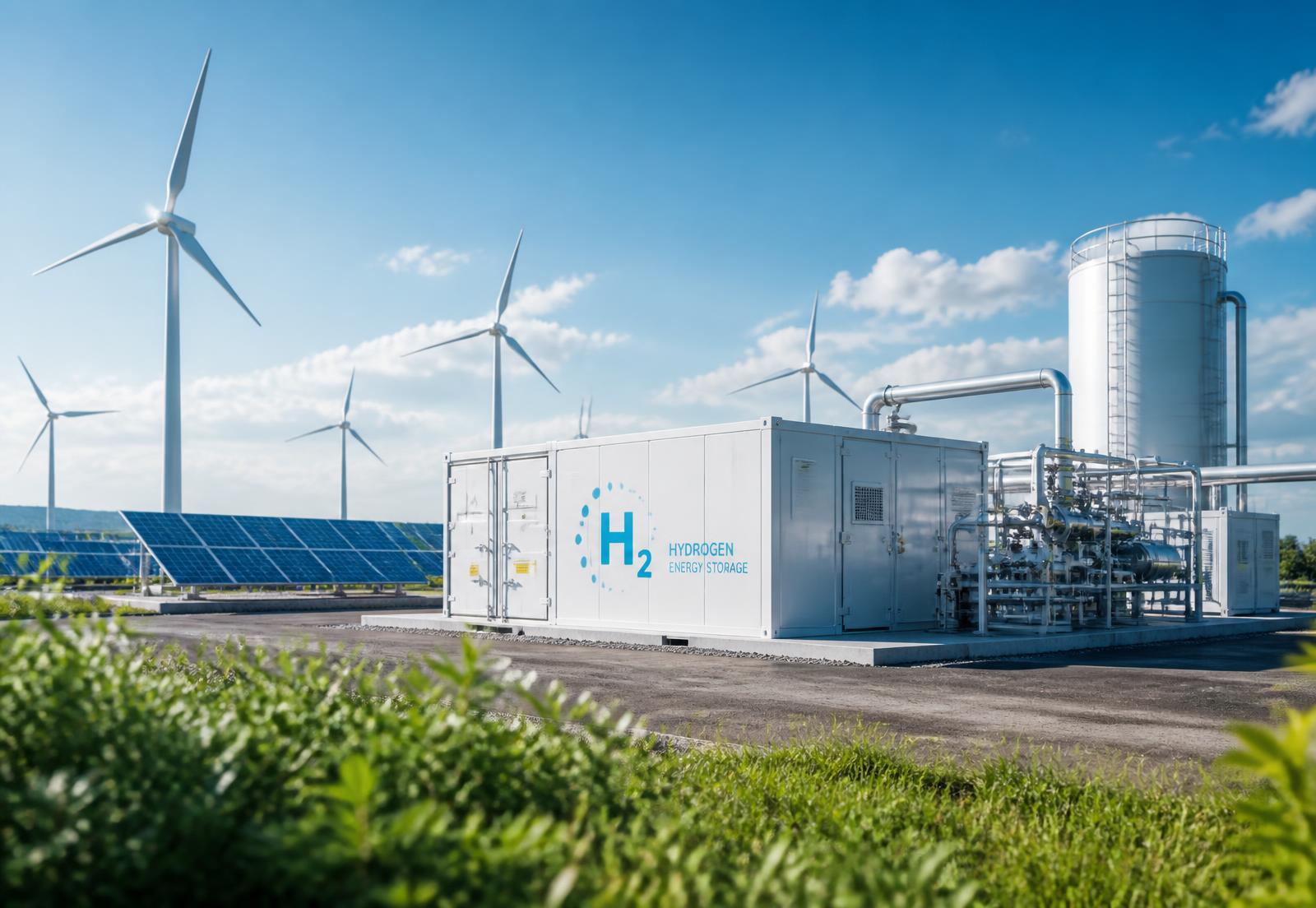 Green hydrogen production facility powered by wind and solar energy