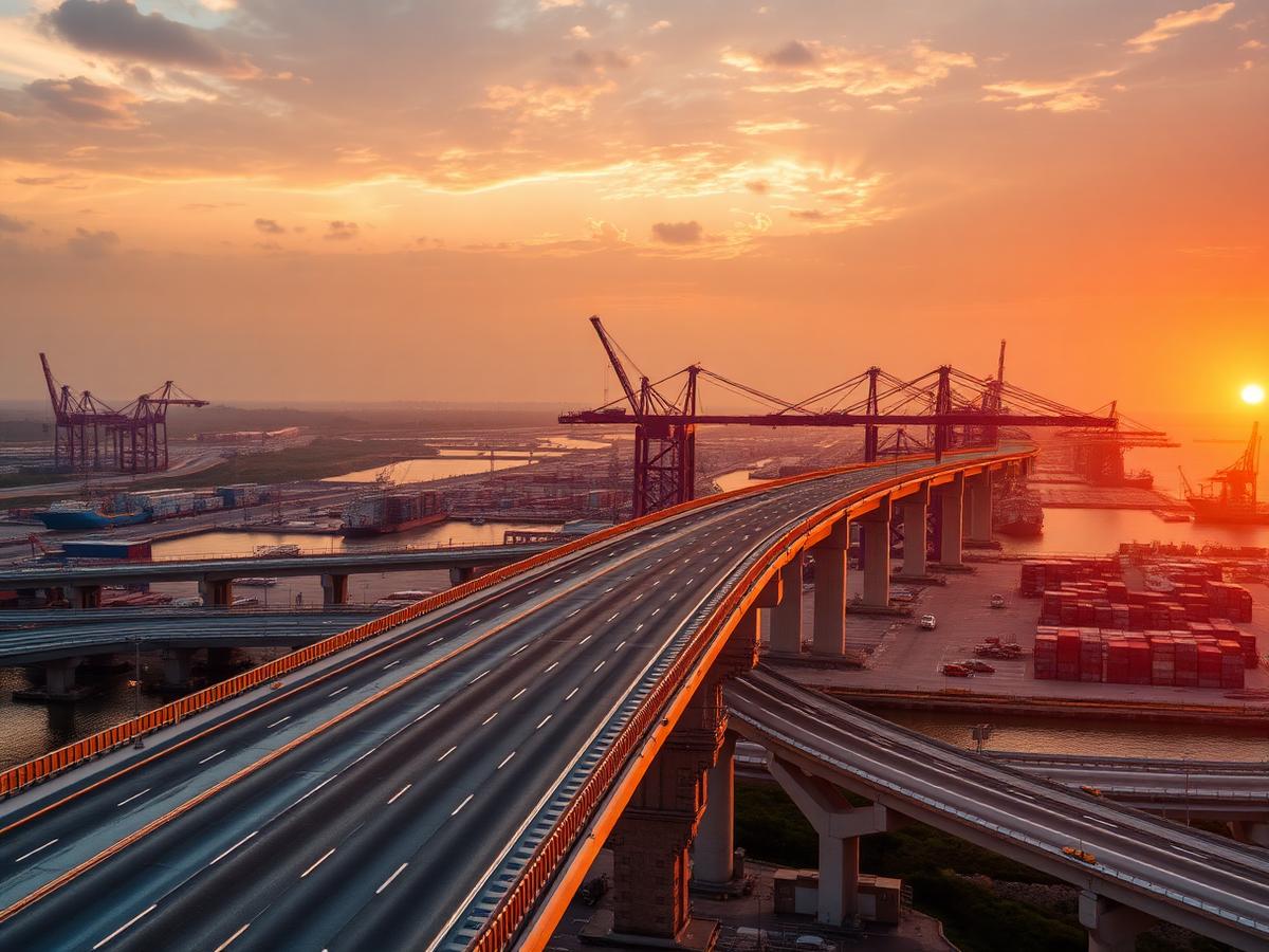 Port and highway infrastructure at sunset