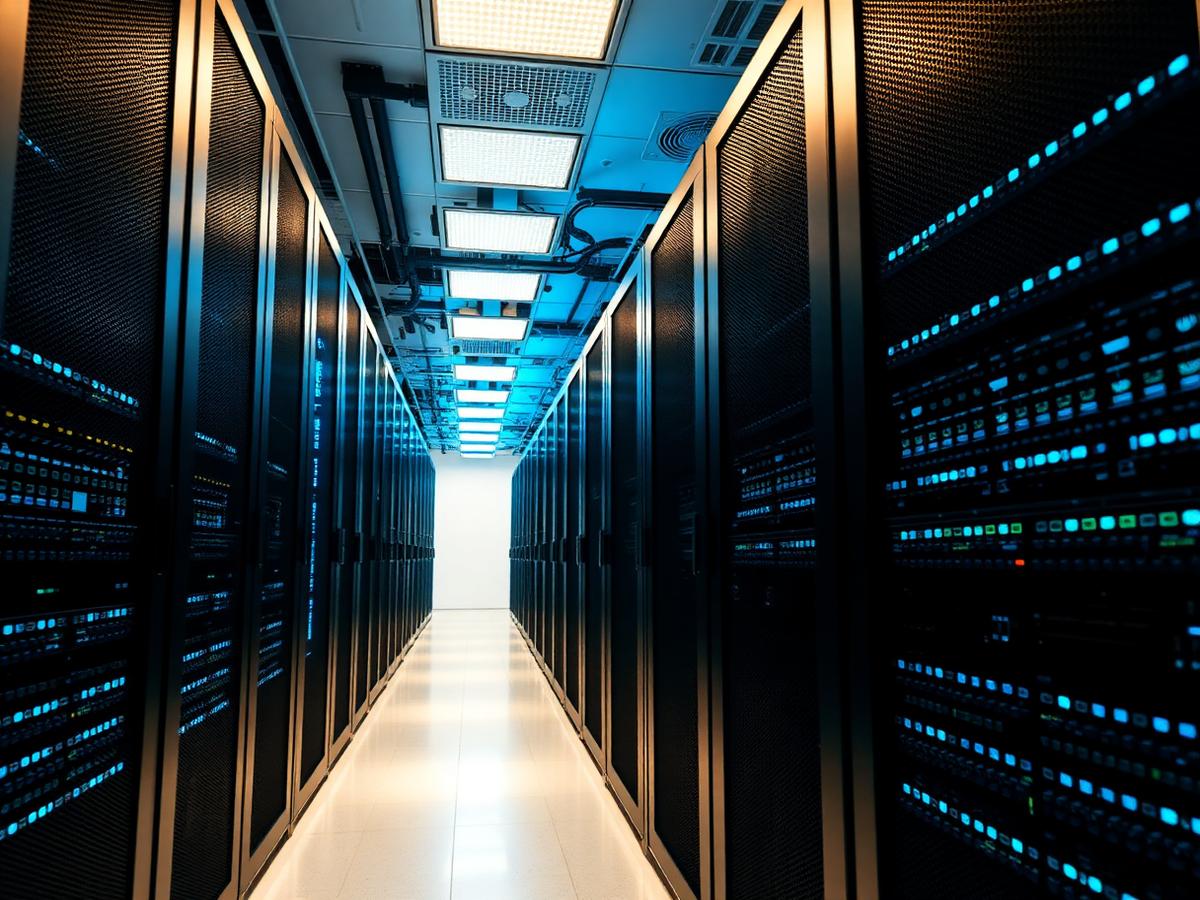 Data center server aisle with blue lighting