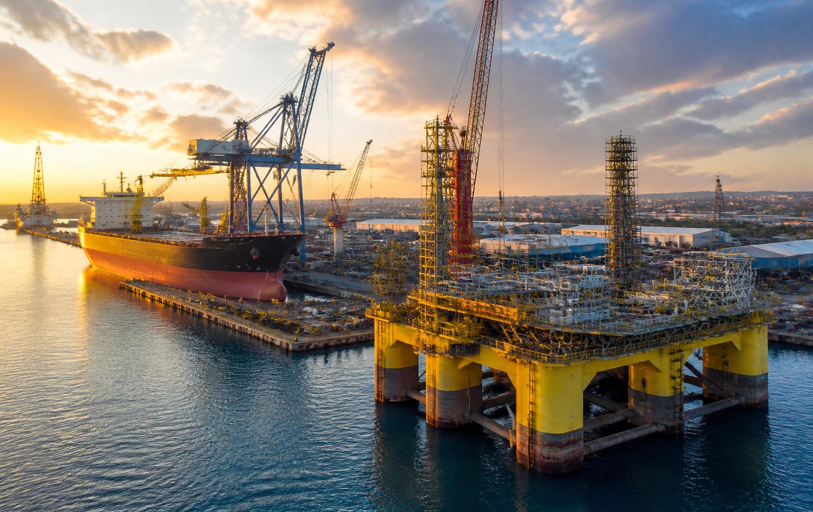Cargo ship and floating platform under construction in a shipyard